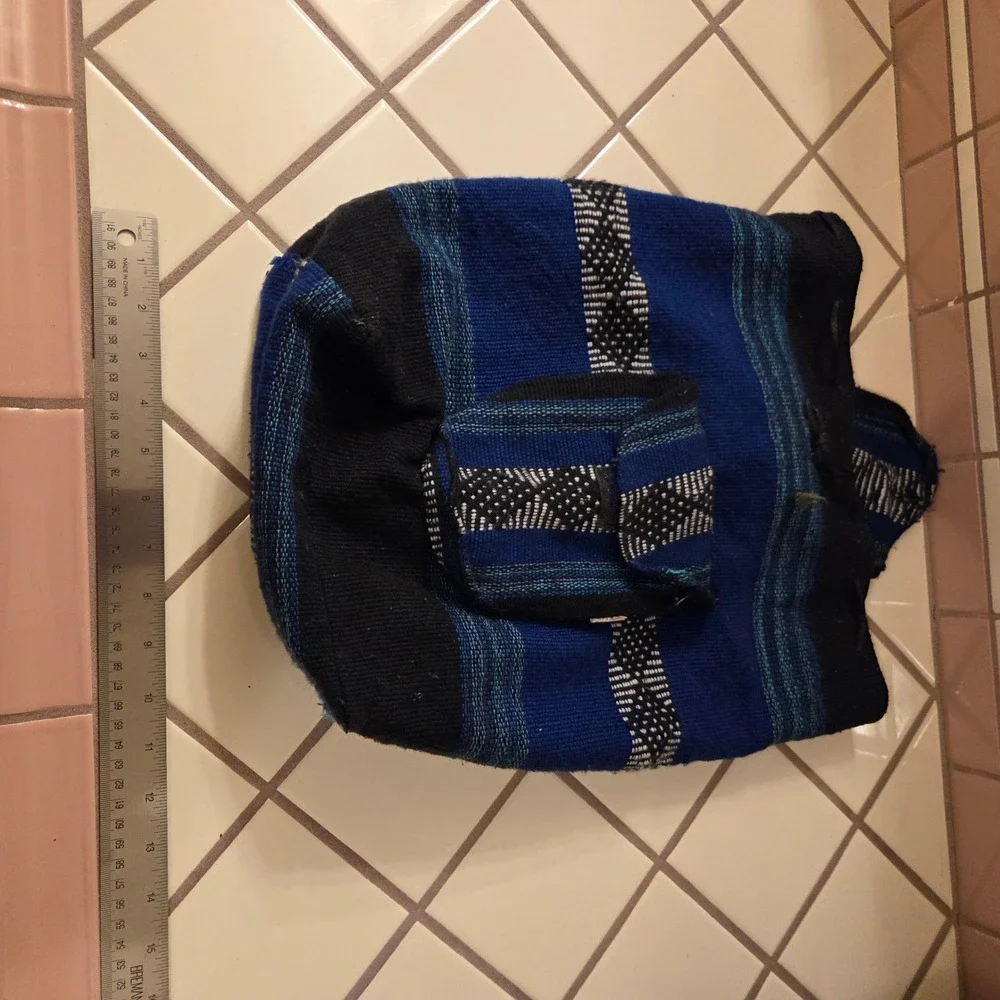 Baja Mexican Blanket Backpack Woven Blue Black Striped Boho Hippie Rucksack
